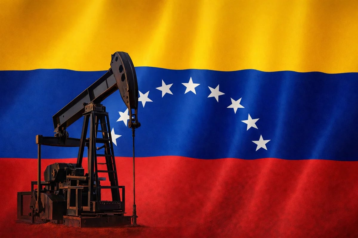 Bomba extractora de petróleo frente a la bandera de Venezuela