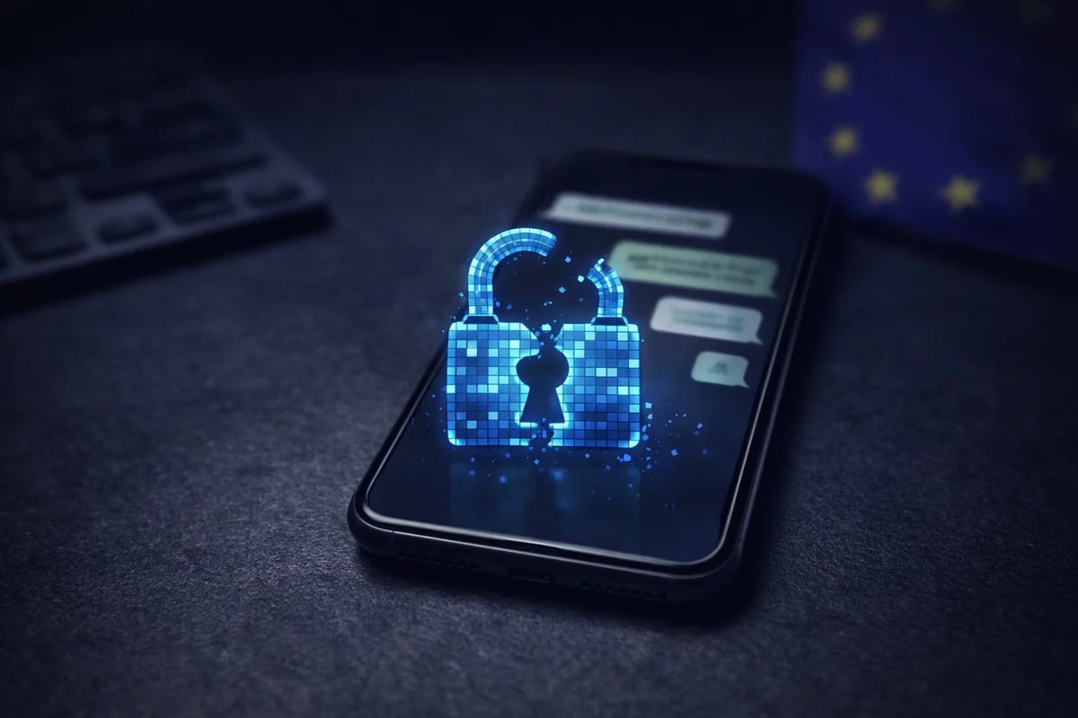 Teléfono con candado digital roto sobre chats privados