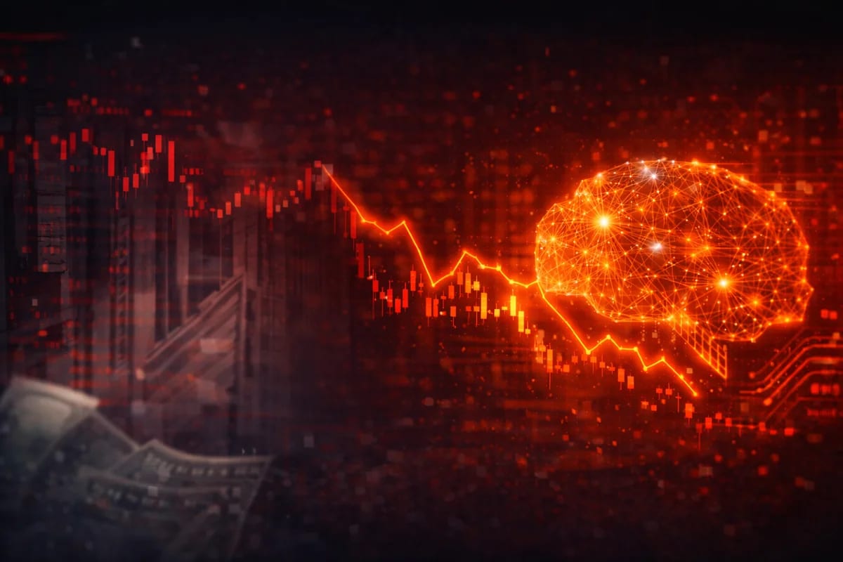Wall Street con gráfico bursátil a la baja y cerebro digital de inteligencia artificial