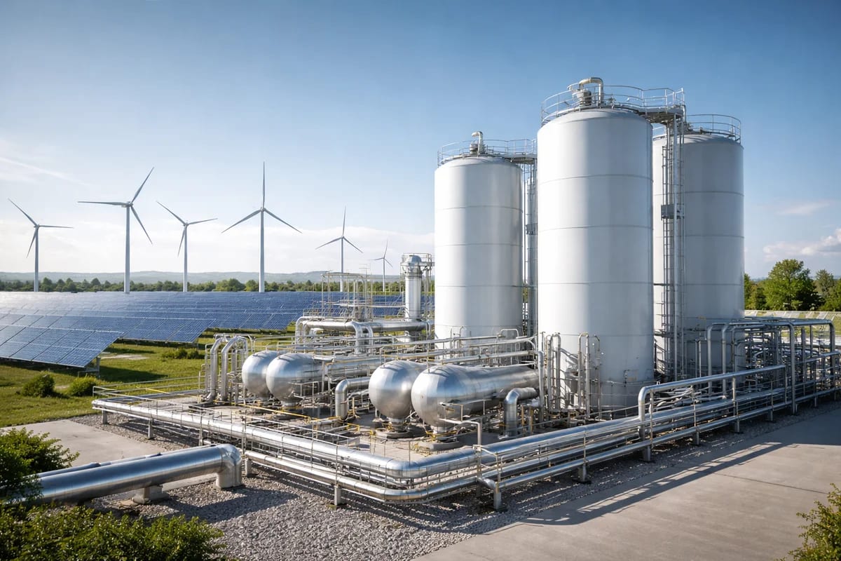 Planta de hidrógeno verde con tanques industriales, paneles solares y aerogeneradores al fondo