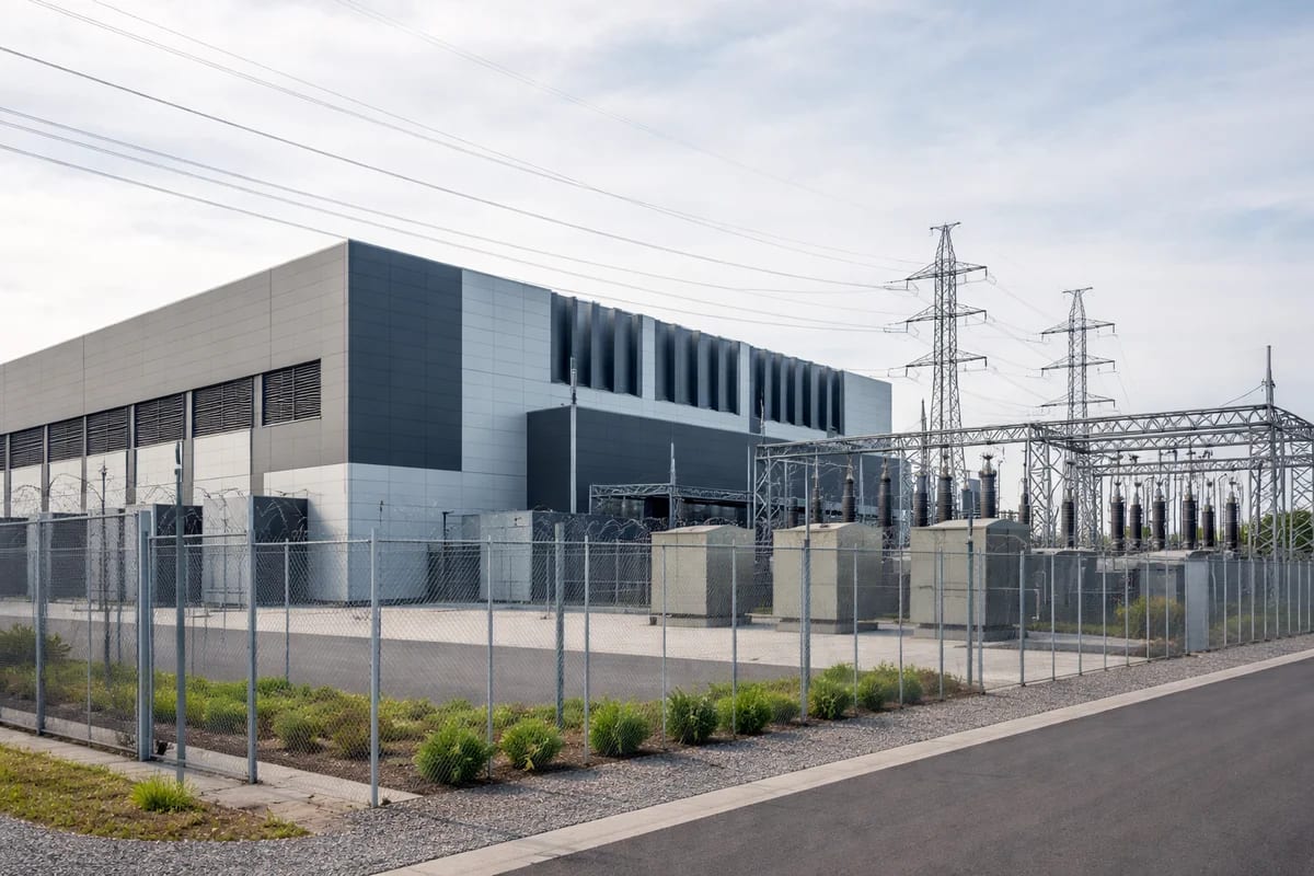 Centro de datos industrial con subestación eléctrica y cercas de seguridad visto desde el exterior