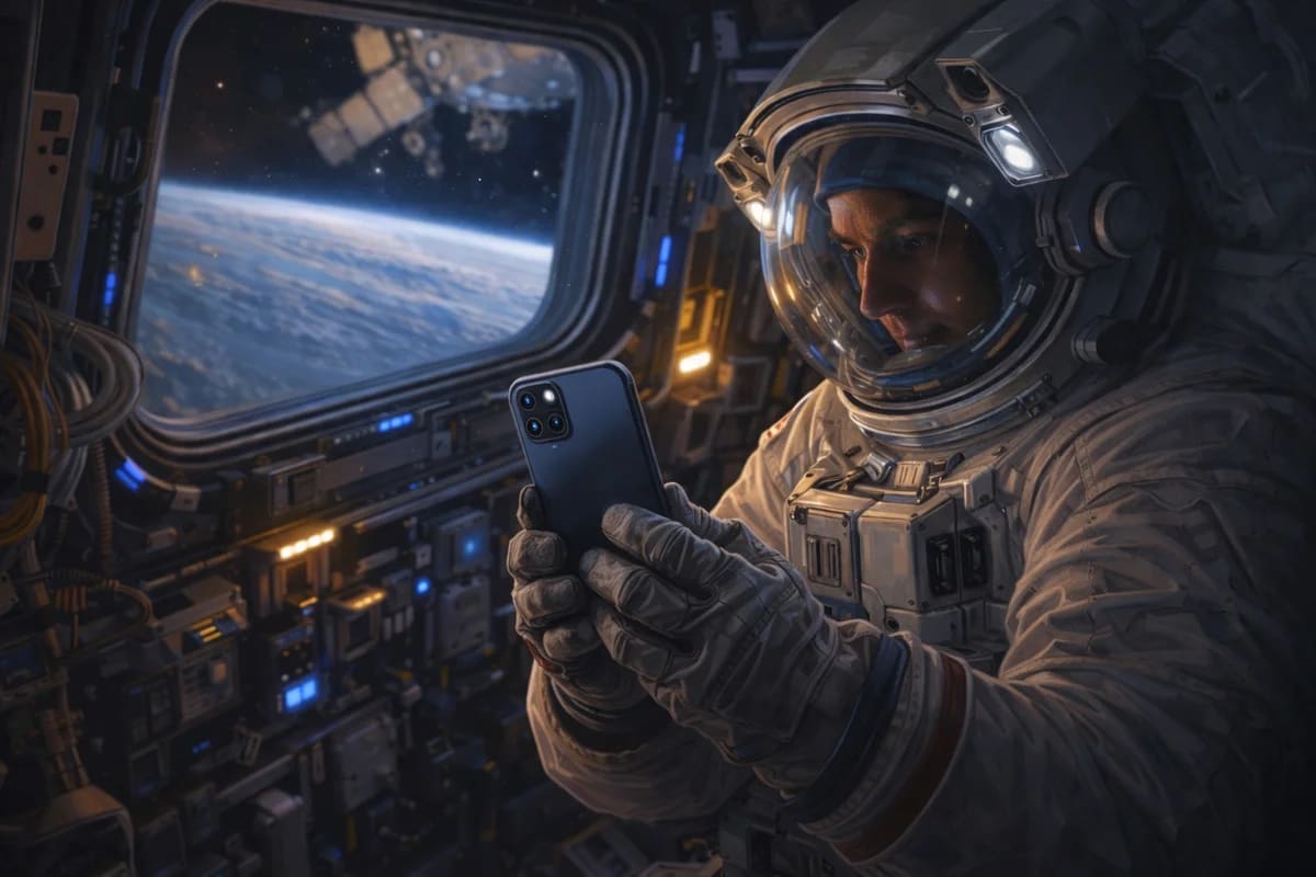 Astronauta usando un smartphone en la estación espacial