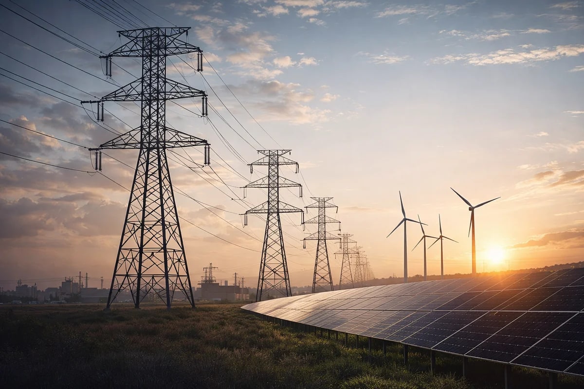 Líneas eléctricas junto a paneles solares y aerogeneradores