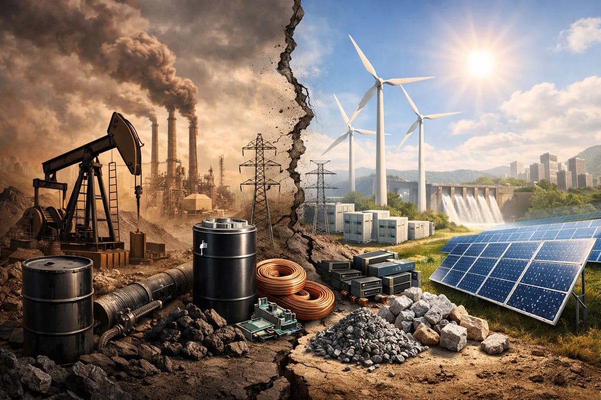 Refinería fósil frente a parque solar y eólico