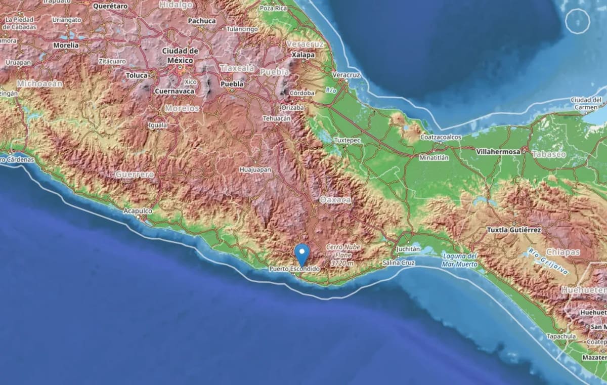 Mapa del sur de Oaxaca con el epicentro del sismo marcado cerca de Puerto Escondido