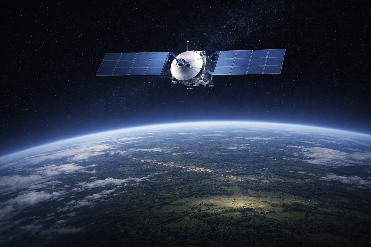 Satélite con paneles solares en órbita sobre la Tierra