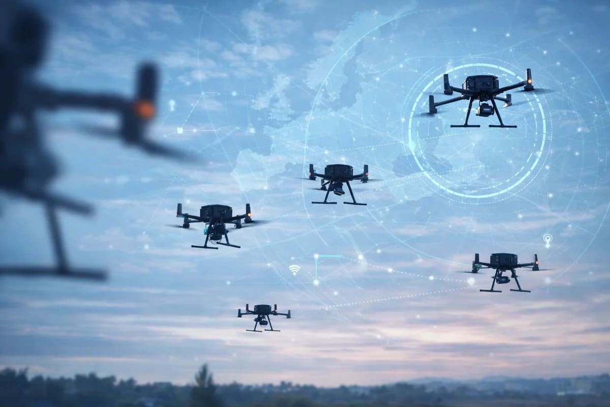 Drones en vuelo con gráficos digitales de vigilancia sobre el cielo europeo