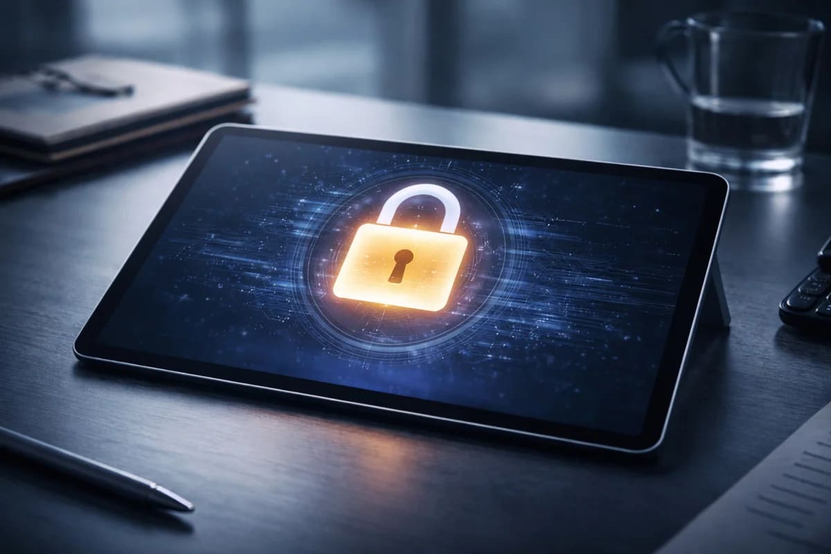 Tablet sobre escritorio mostrando un candado digital brillante en la pantalla