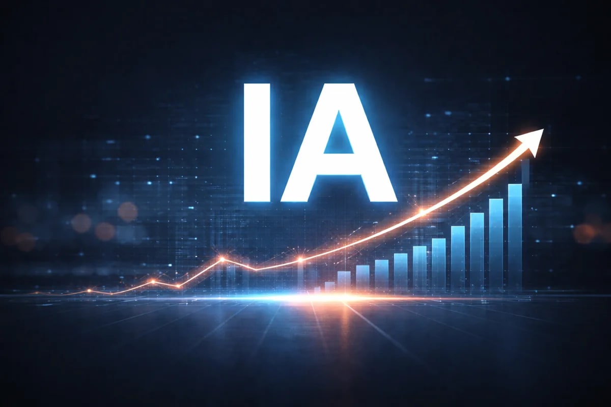 IA con gráfico financiero ascendente sobre fondo digital oscuro