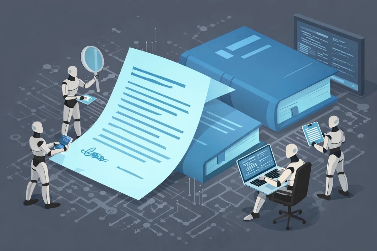 robots analizando documentos y libros con fondo tecnológico