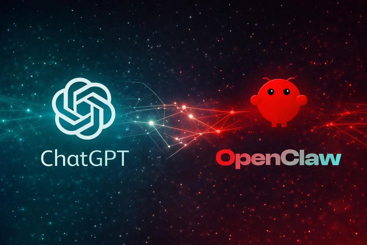 Integración de OpenClaw en OpenAI representada con los logotipos conectados por una red digital