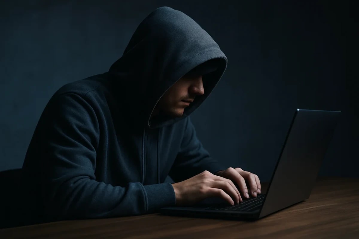 Persona con sudadera y capucha puesta, vista de lado e inclinada, trabajando en una laptop en un ambiente oscuro