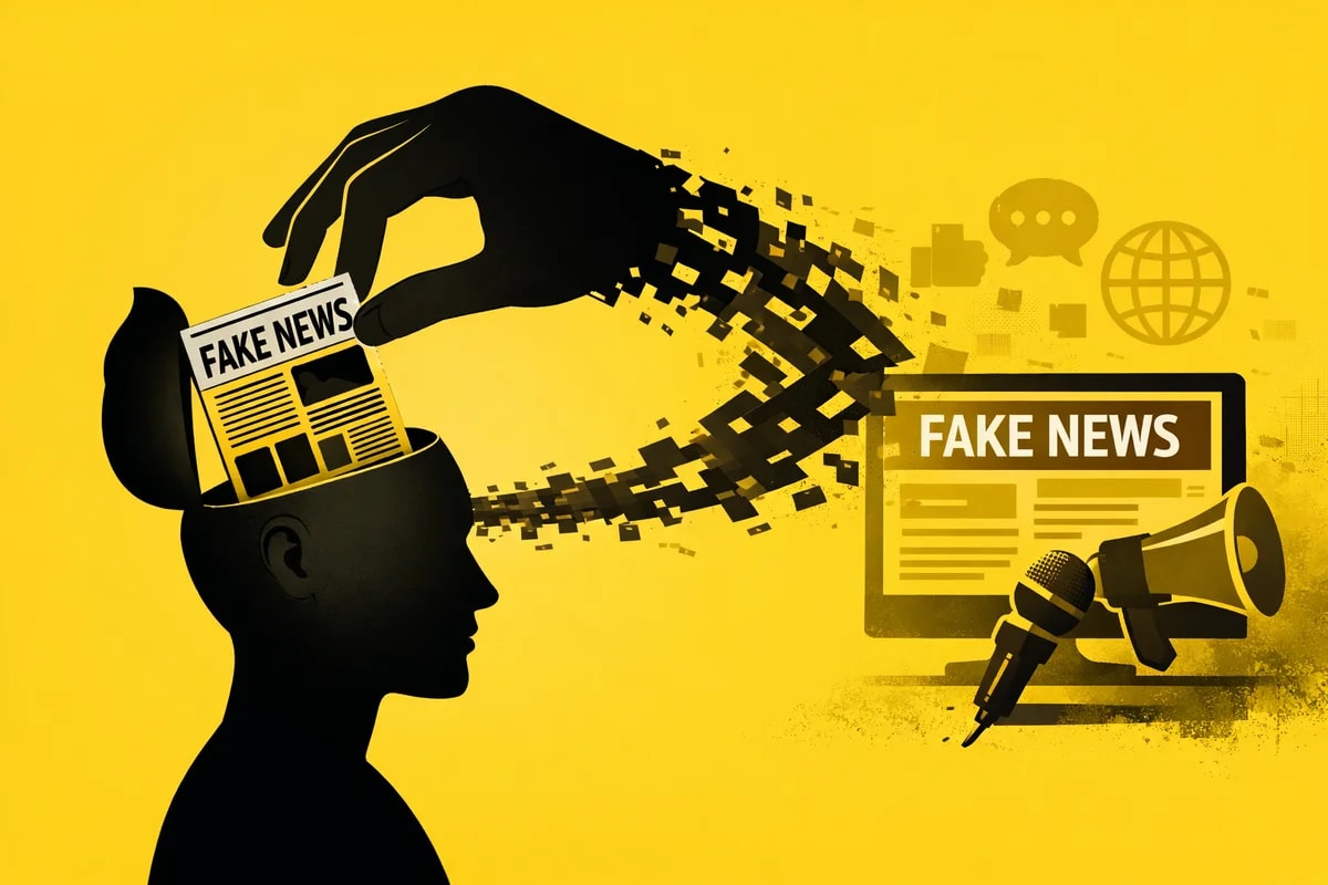 Silueta humana con una mano introduciendo un periódico falso en su cabeza sobre fondo amarillo