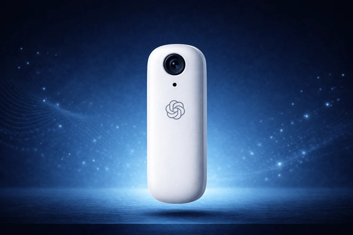 Dispositivo inteligente blanco con cámara frontal y logo centrado sobre fondo azul tecnológico