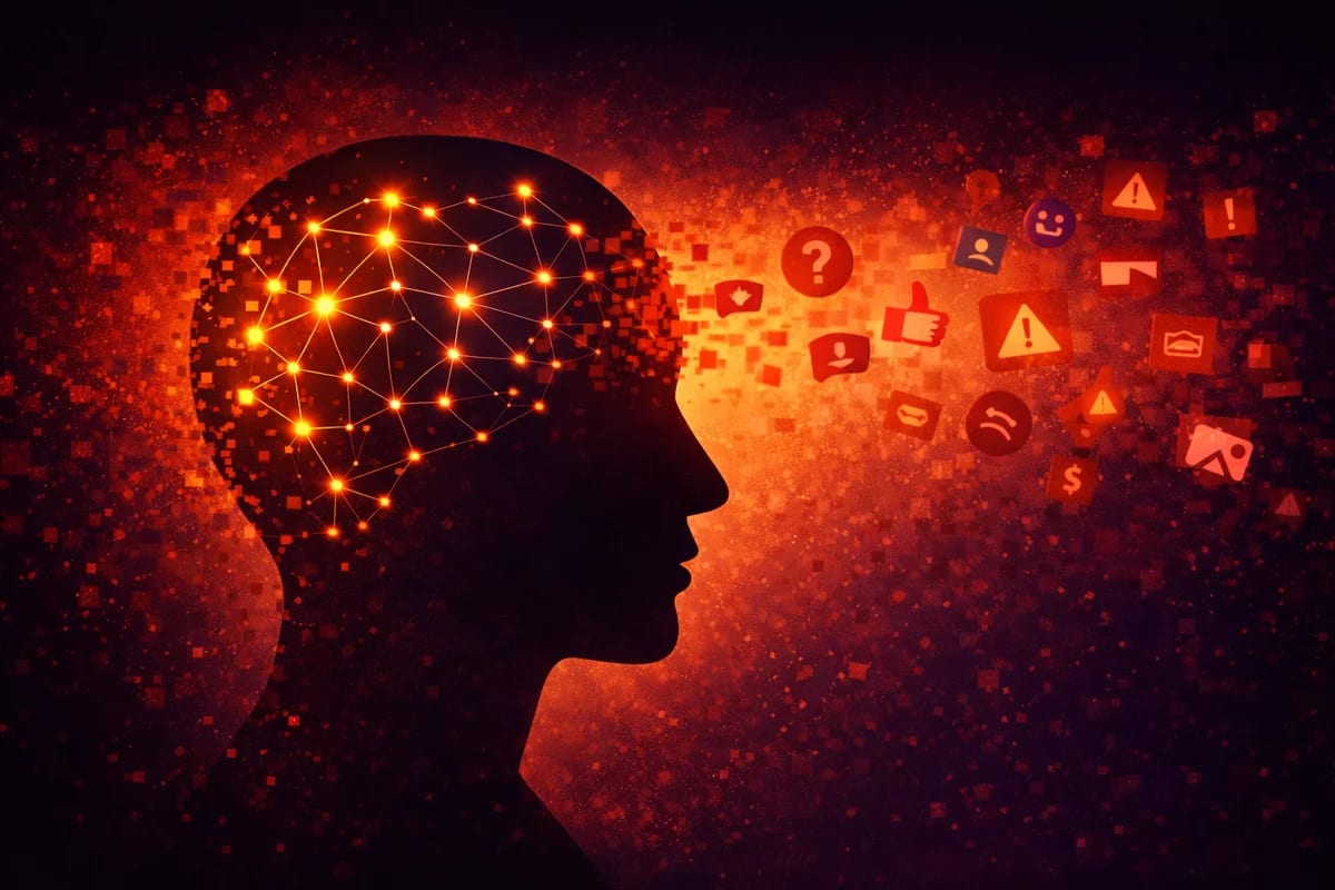 Silueta humana con red neuronal iluminada mientras iconos digitales rojos entran en su mente