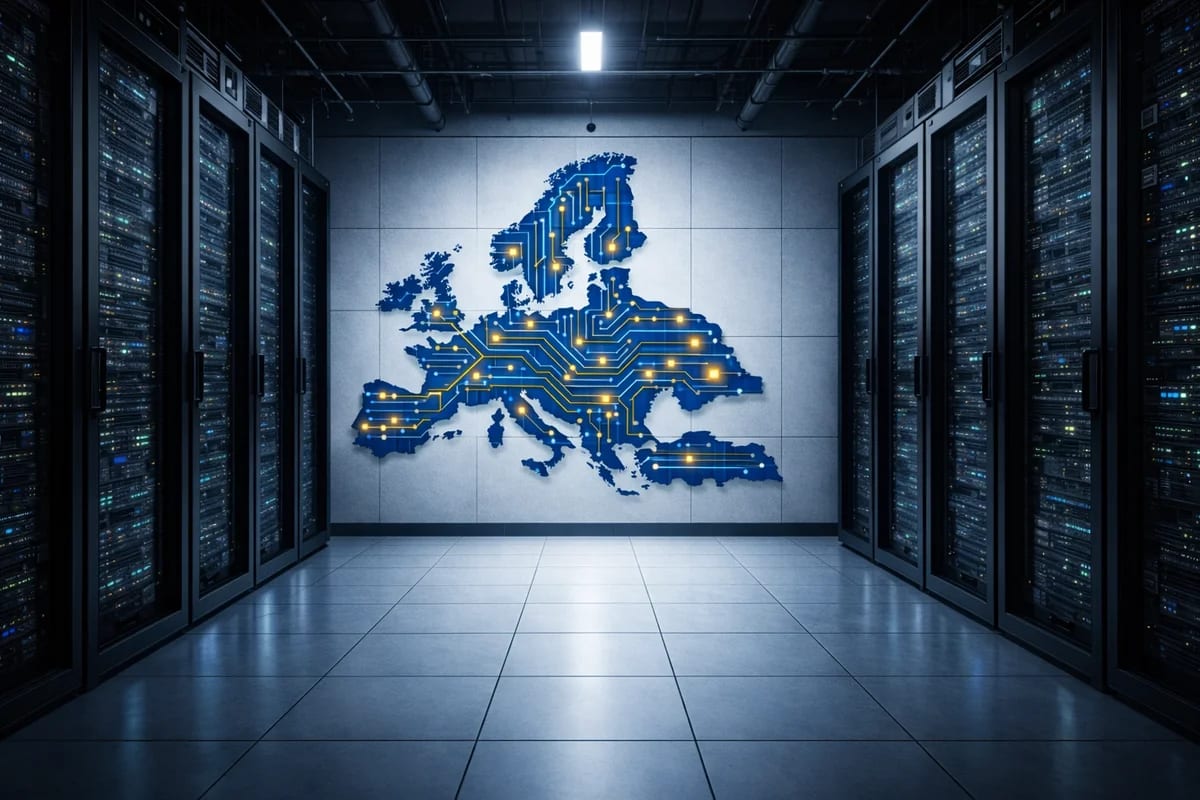 Centro de datos con mapa de Europa iluminado por circuitos digitales