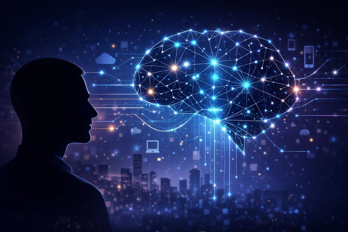 Silueta humana observando una red digital con forma de cerebro sobre fondo azul oscuro