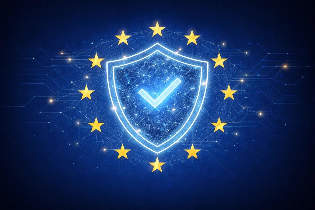 Escudo digital luminoso rodeado por doce estrellas europeas sobre fondo azul