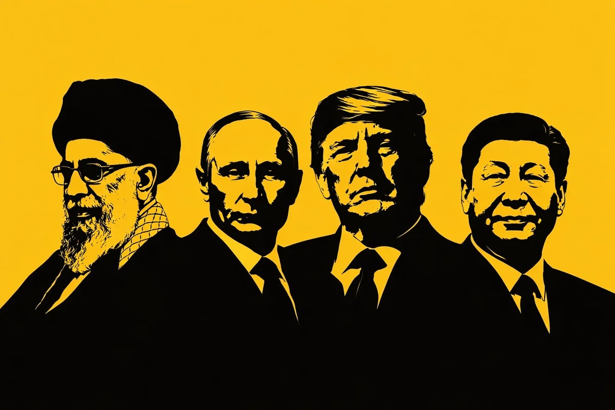 Siluetas de líderes globales en tensión geopolítica