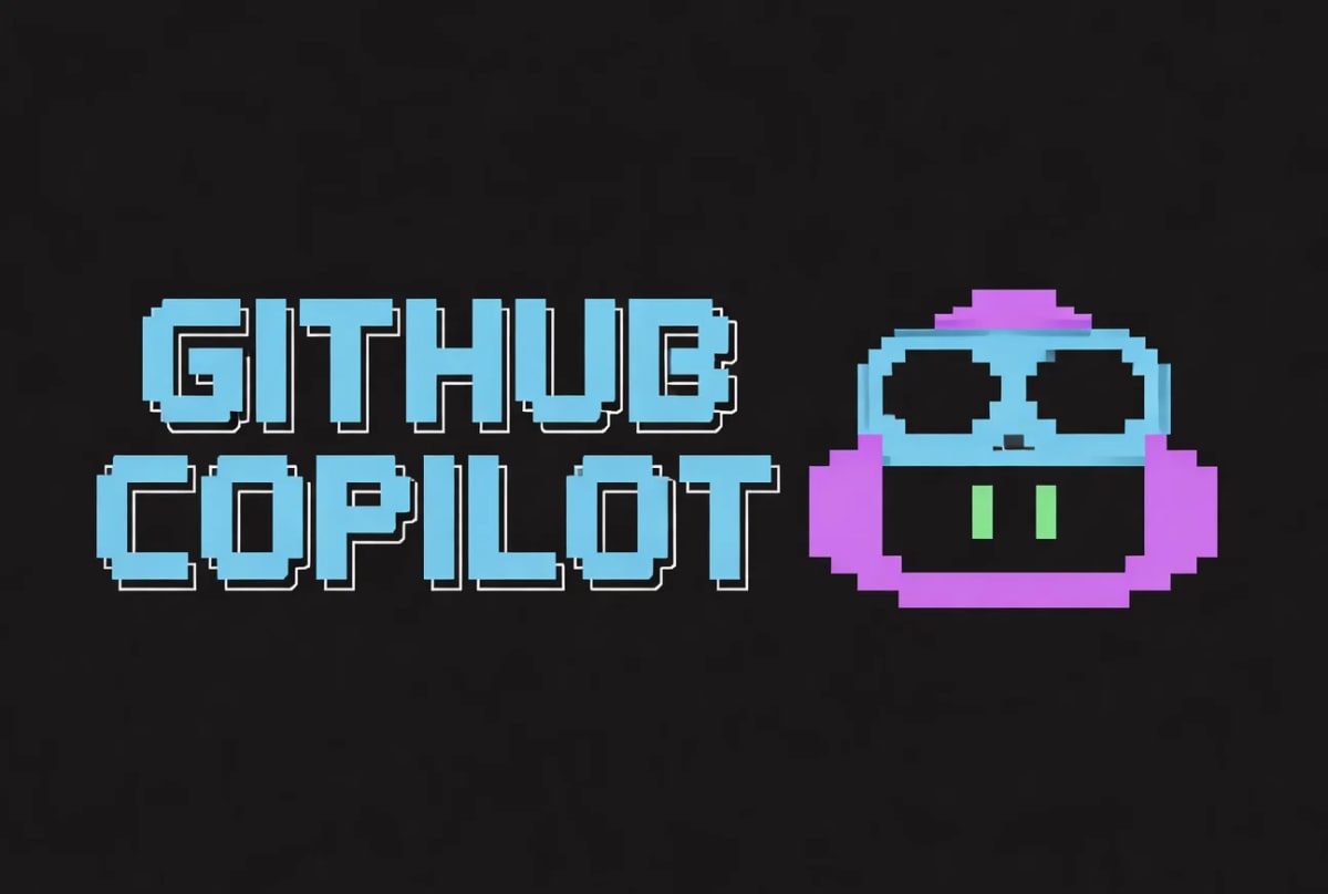Banner pixel art con texto GitHub Copilot y carita estilo retro sobre fondo negro