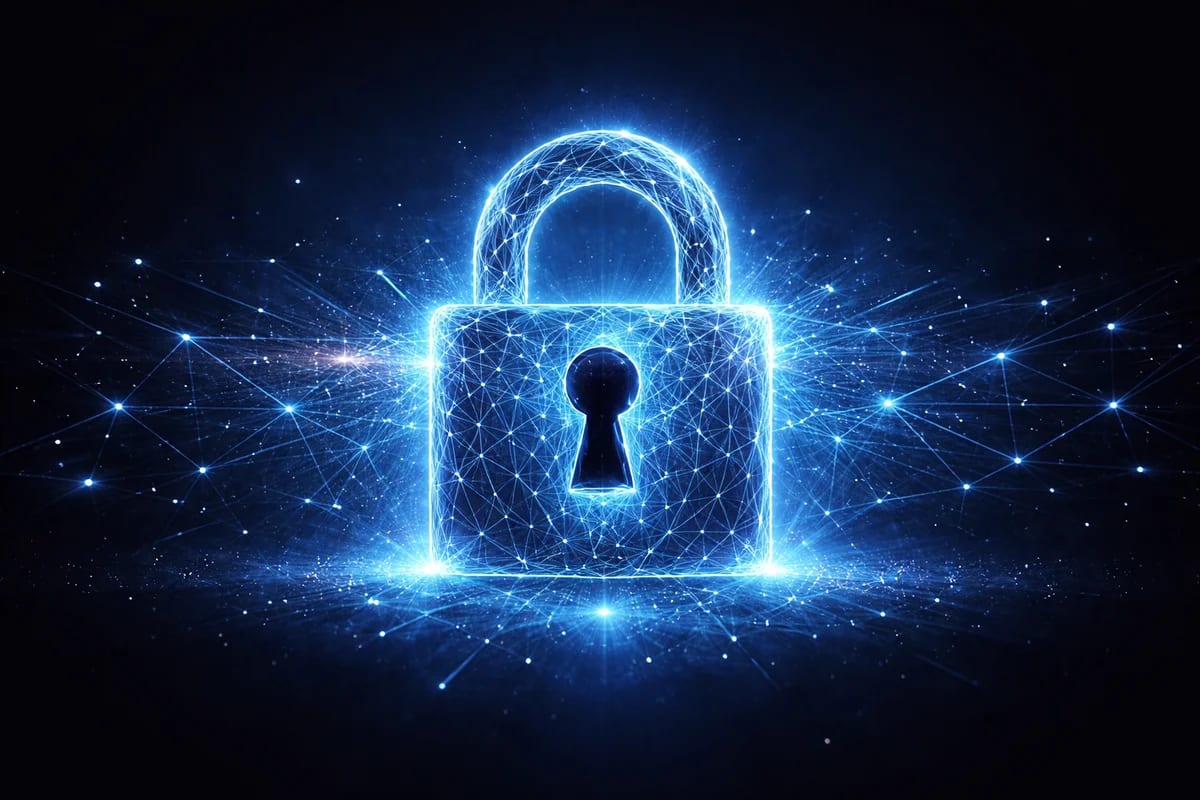 Candado digital azul con red luminosa de conexiones