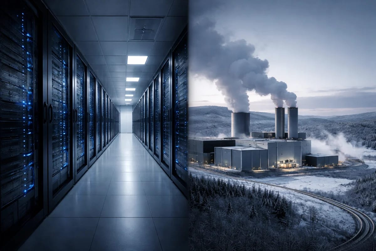Centro de datos y planta geotérmica unidos en panorámica azul industrial
