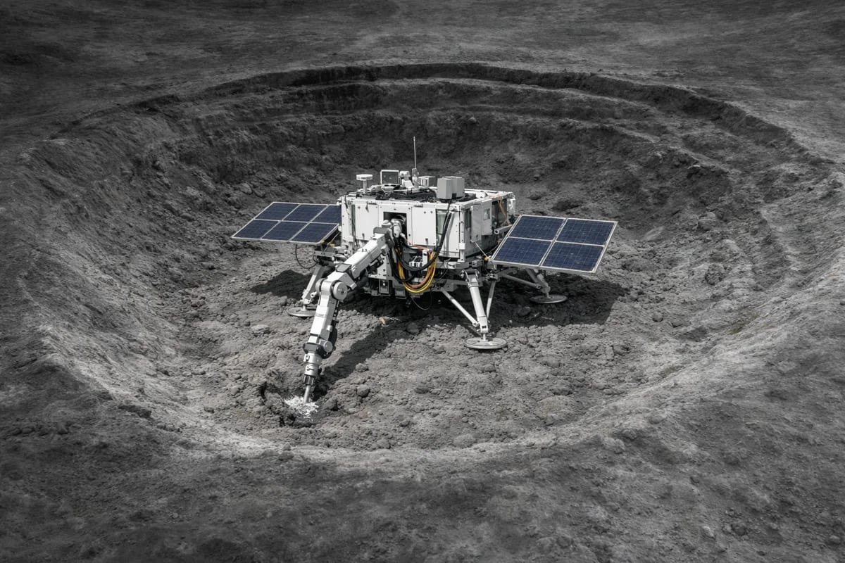 Maquinaria de minería lunar operando con la Tierra al fondo