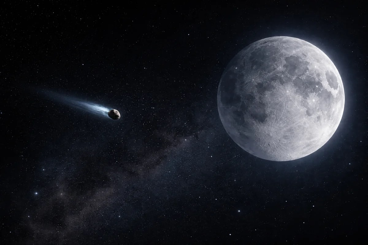 Asteroide pequeño acercándose a la Luna con una ligera estela de polvo