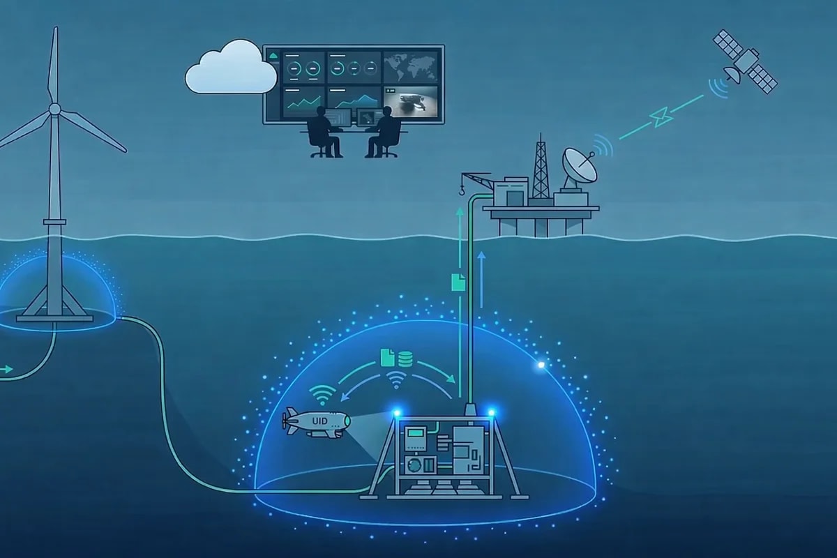 Red de comunicación submarina con AUV transmitiendo datos a plataforma offshore y satélite