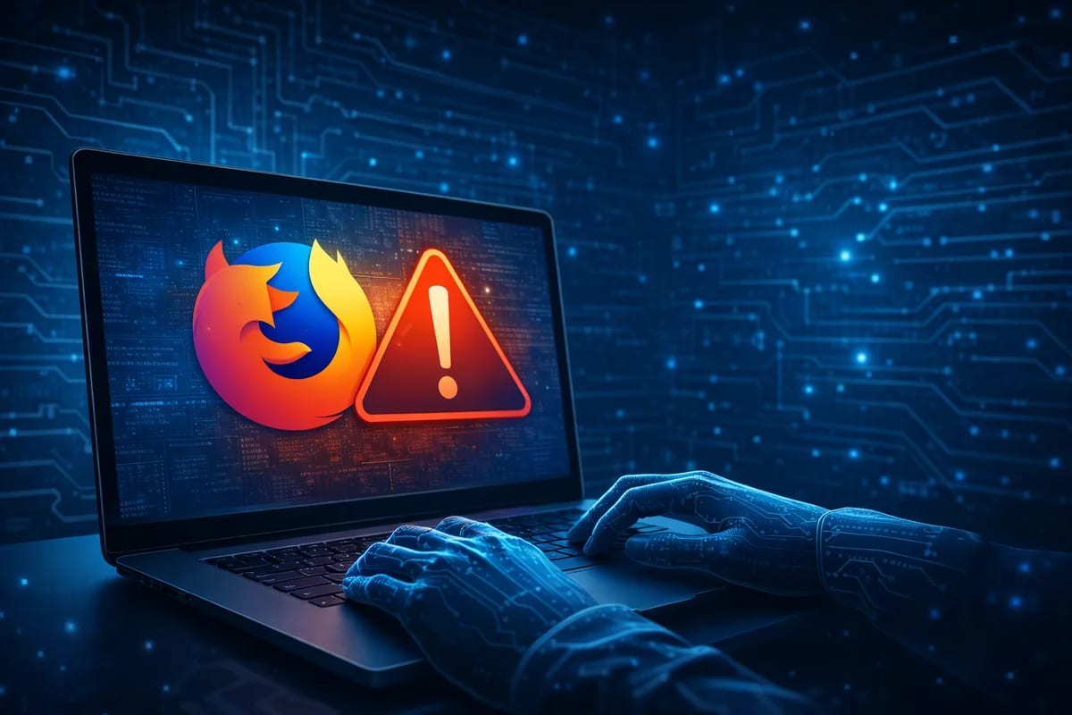 Manos robóticas usando un portátil con el logo de Firefox y una alerta de seguridad en pantalla