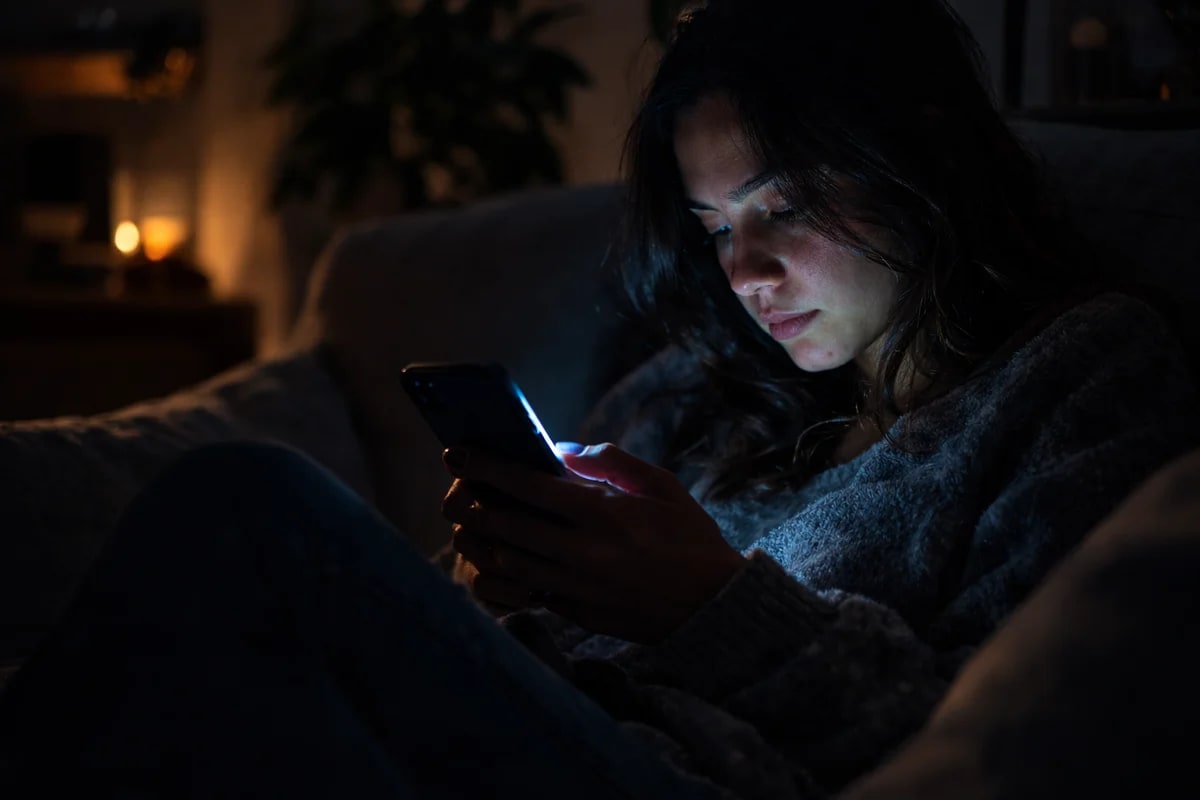 Persona sentada en un sofá mirando su teléfono