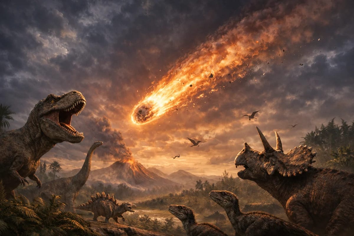 Meteorito entrando en la atmósfera sobre dinosaurios en un paisaje prehistórico