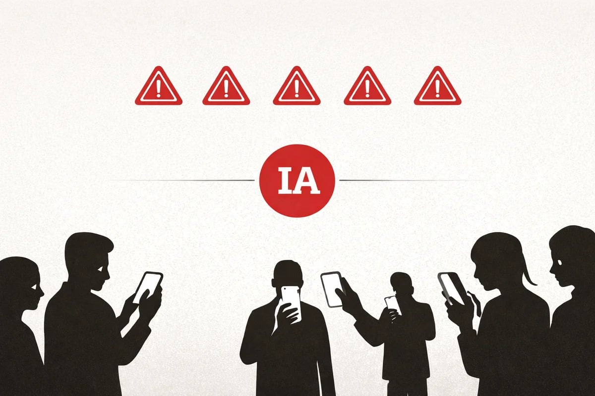 Siluetas de personas mirando móviles bajo iconos de advertencia y un símbolo “IA”