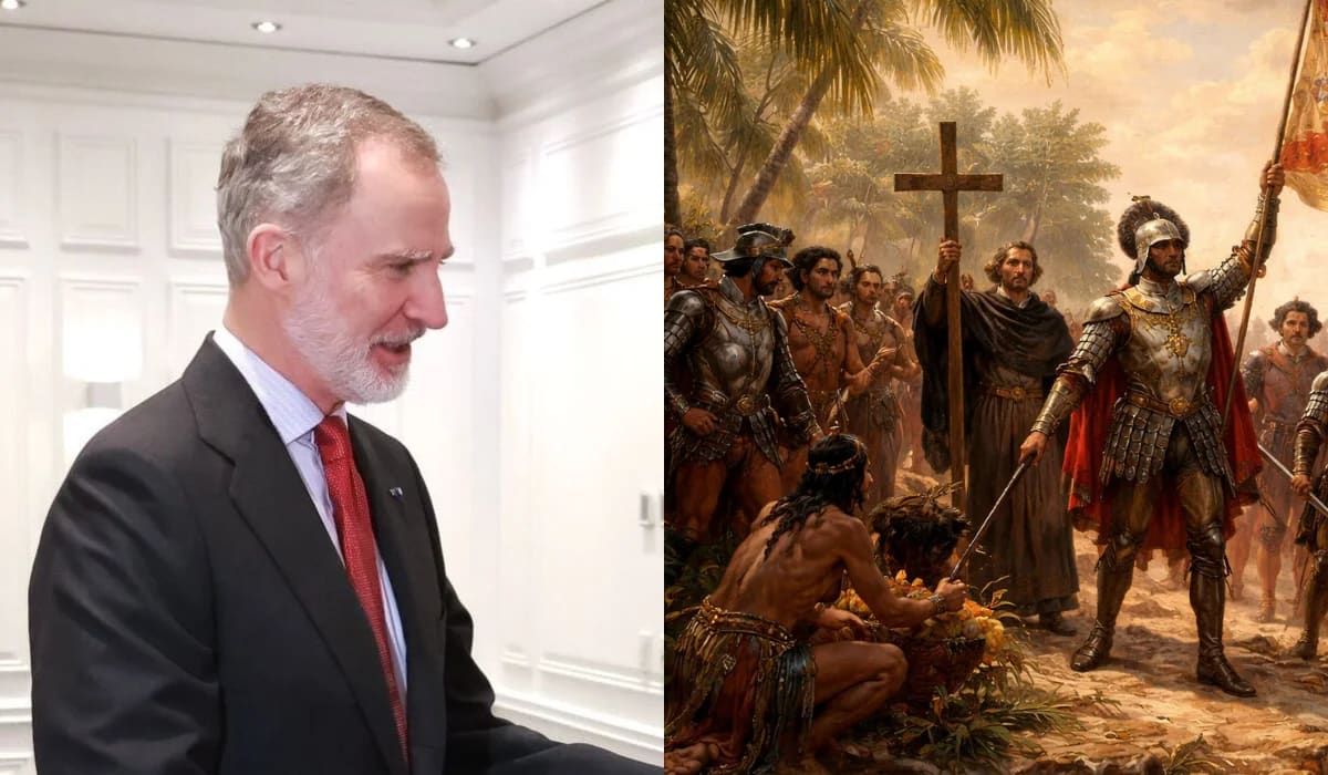 Felipe VI y escena histórica de la conquista de América
