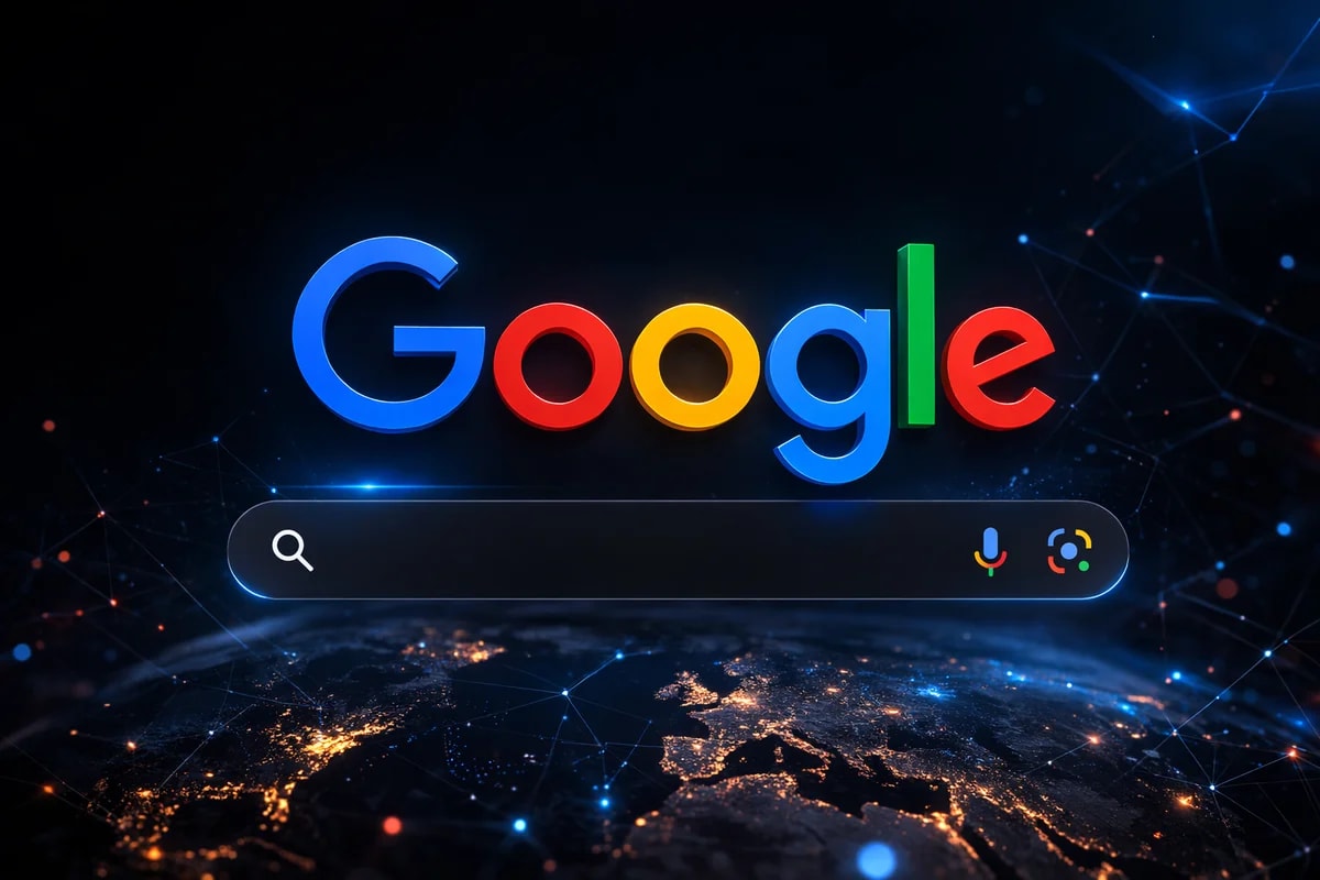Logo de Google sobre barra de búsqueda en fondo oscuro tecnológico