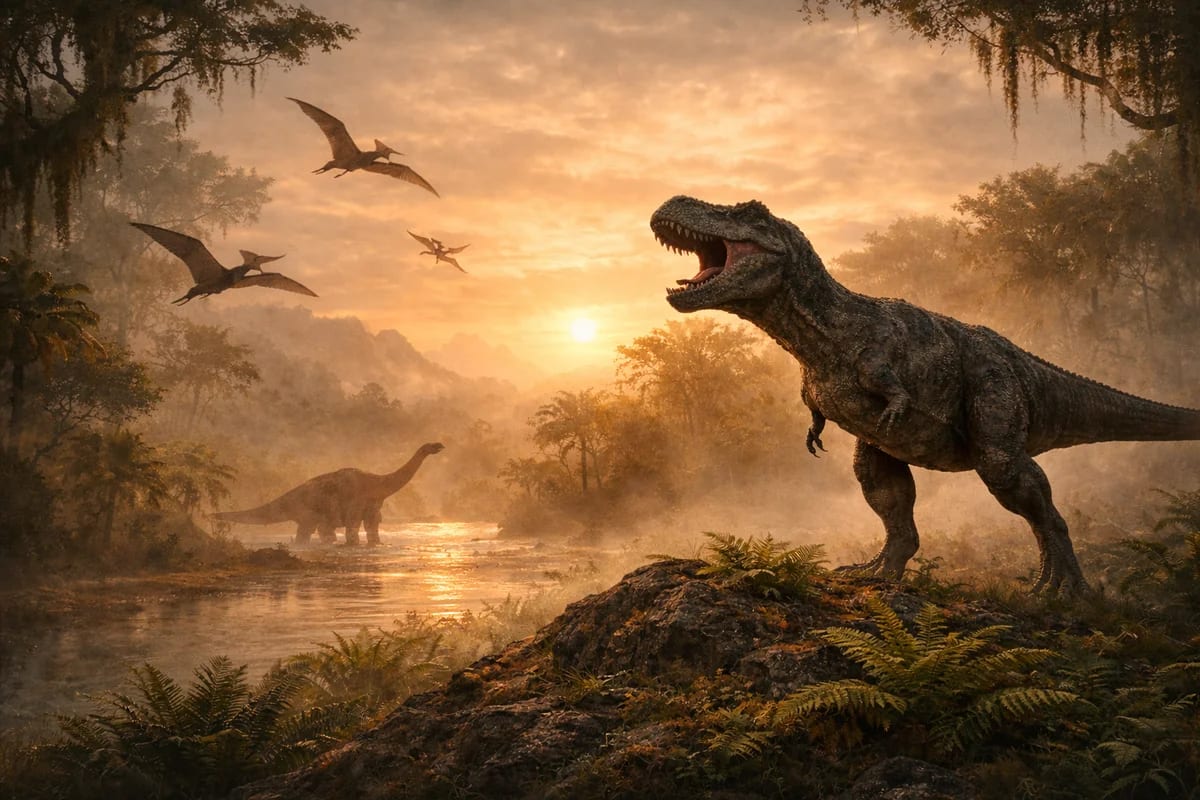 Tyrannosaurus rex en paisaje prehistórico al amanecer