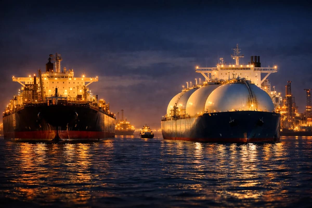 Buques de transporte energético iluminados en un puerto durante la noche