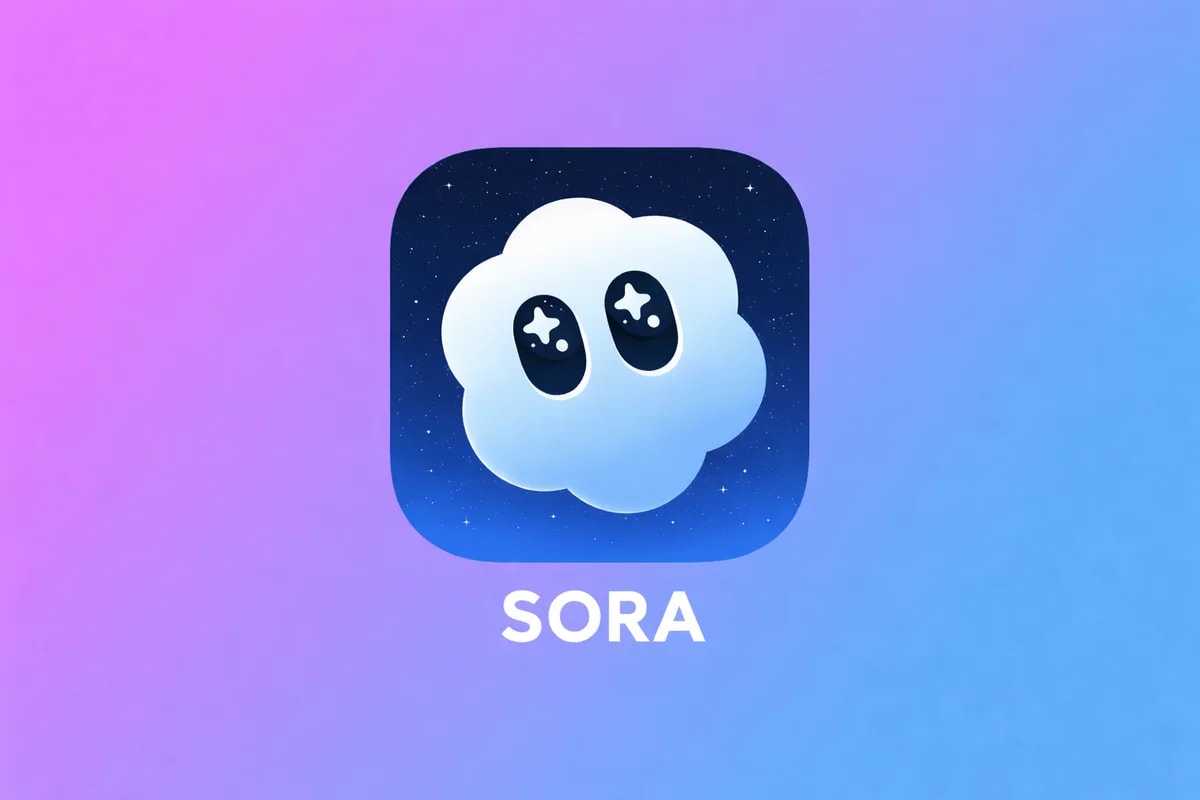 Logo de Sora con nube estilizada sobre fondo degradado en tonos azul y púrpura
