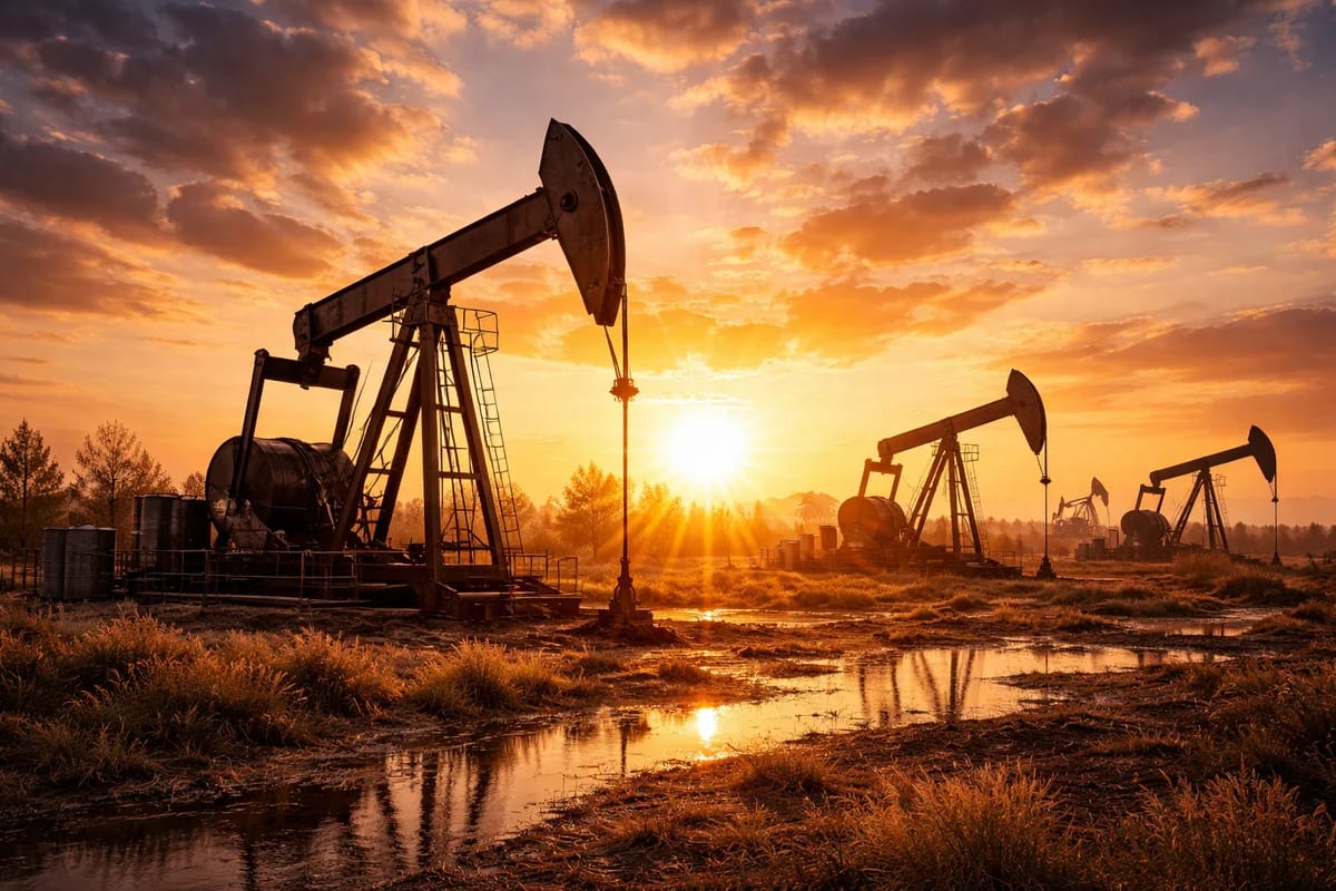 Extractores de petróleo con el sol al atardecer
