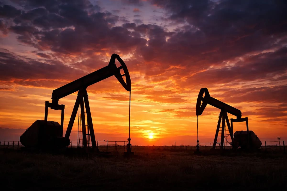 Bombas extractoras de petróleo en silueta al atardecer con el sol en el horizonte