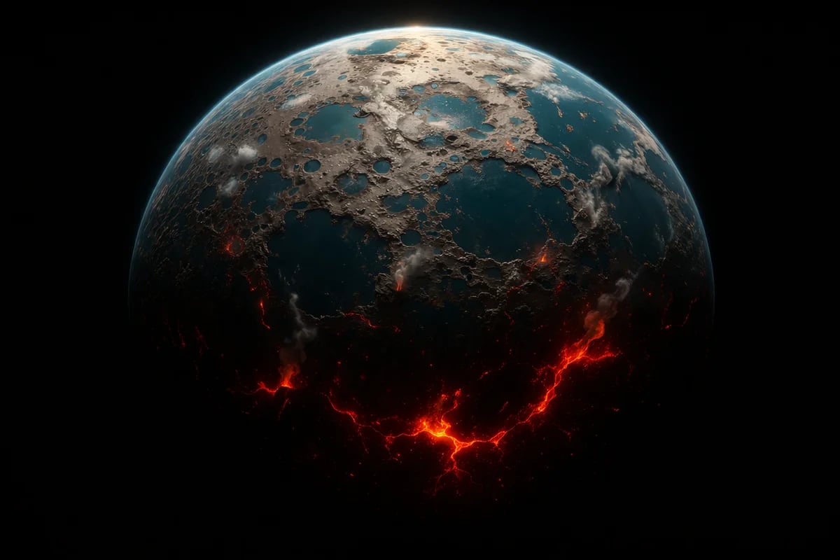 Representación de la Tierra primitiva con superficie fundida y actividad volcánica intensa