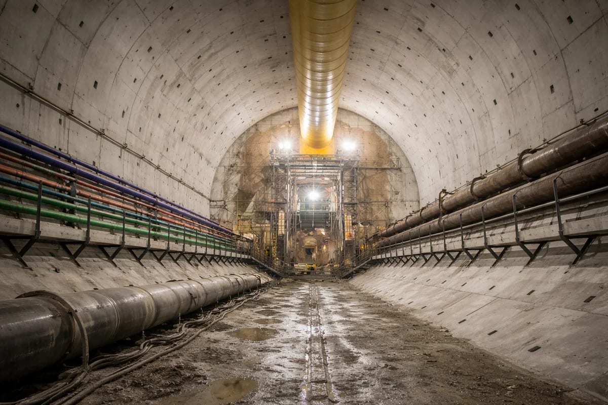 Túnel subterráneo en construcción con tuberías y maquinaria