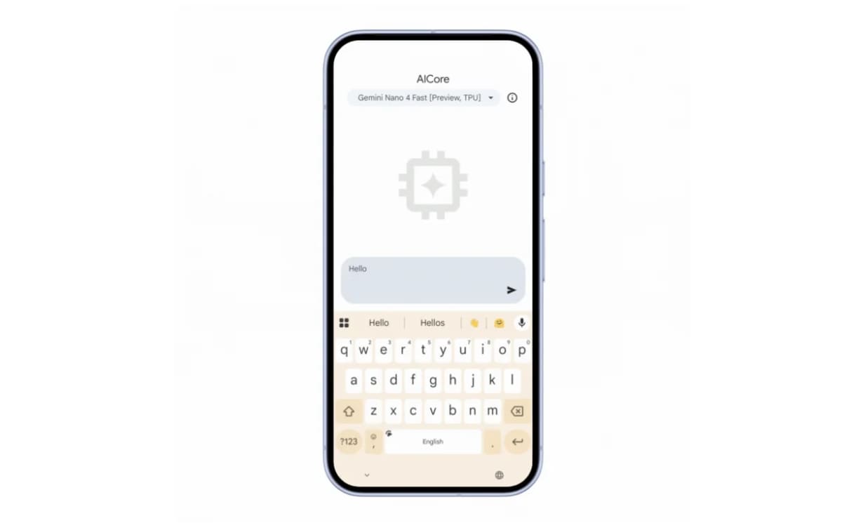 Interfaz de AI Core en Android con modelo Gemini Nano en un smartphone