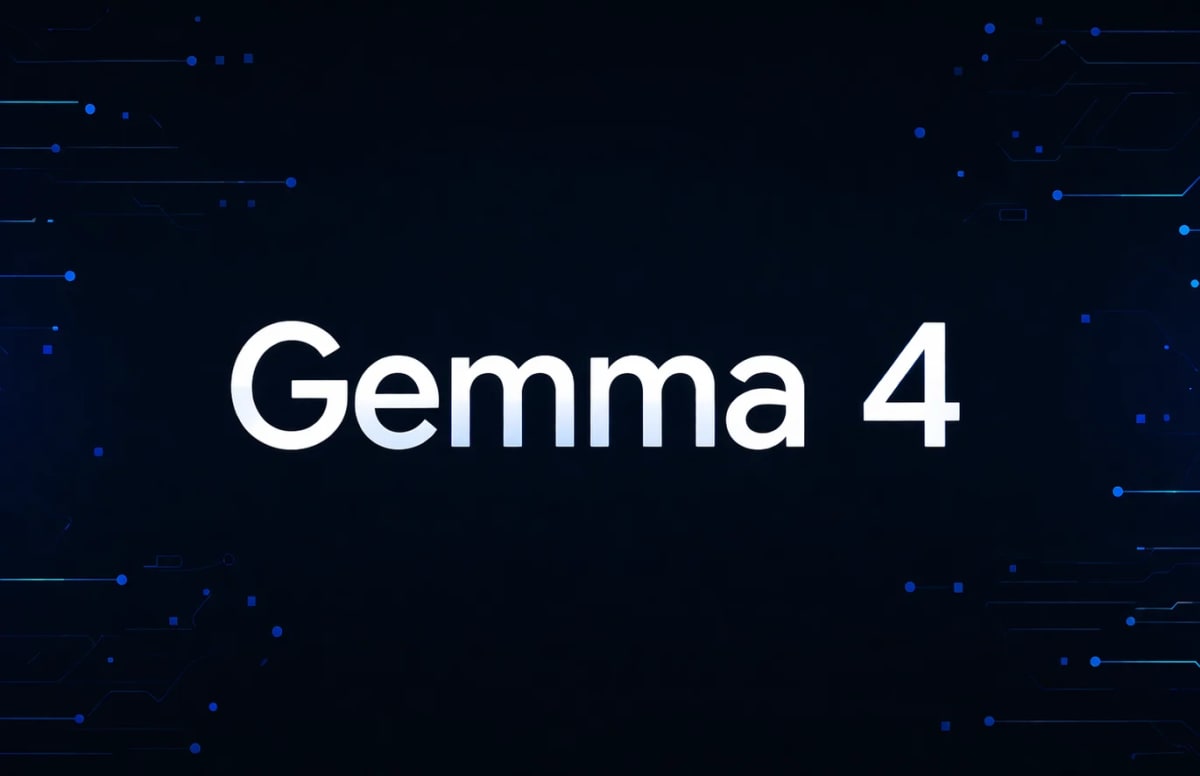 Pantalla con el nombre Gemma 4 sobre fondo tecnológico oscuro