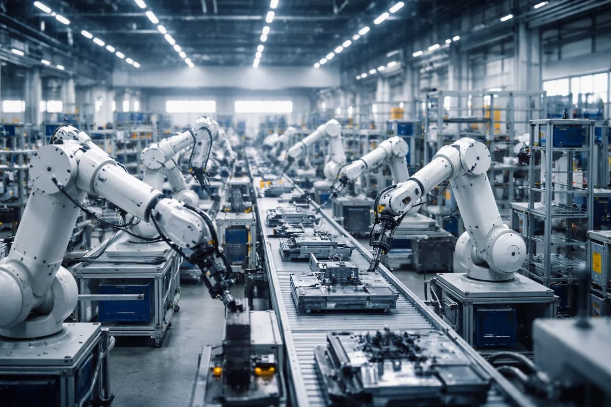 Robots industriales trabajando en fábrica automatizada