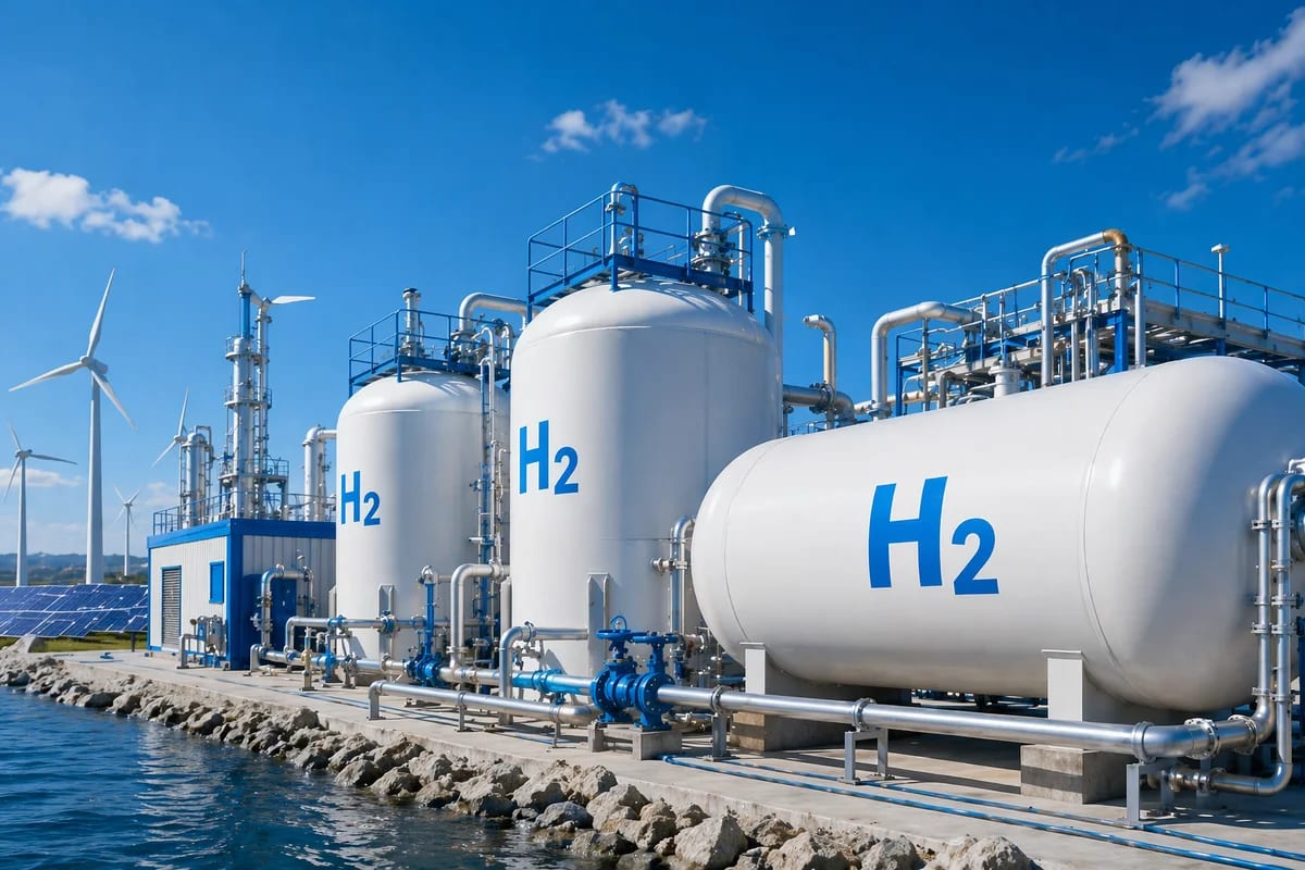Tanques de hidrógeno con etiqueta H2 en planta industrial
