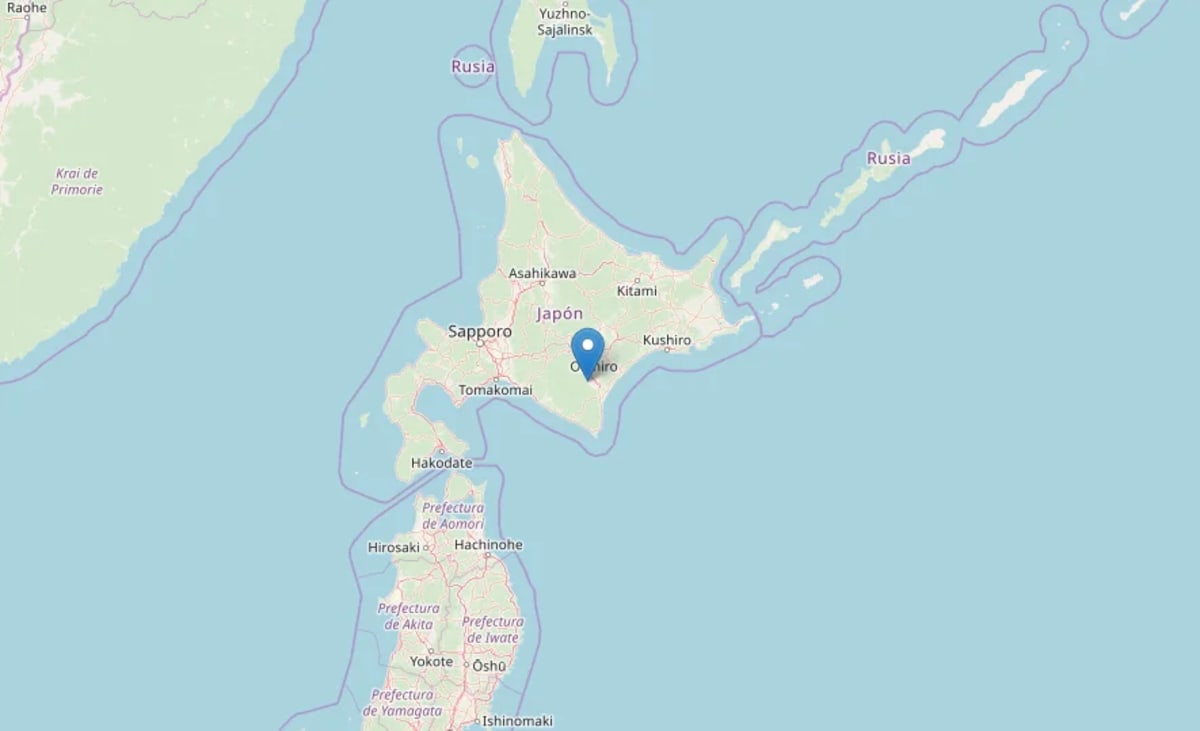 Mapa de la isla de Hokkaido (Japón) con la localización aproximada del terremoto en el distrito de Tokachi, cerca de la costa oriental.