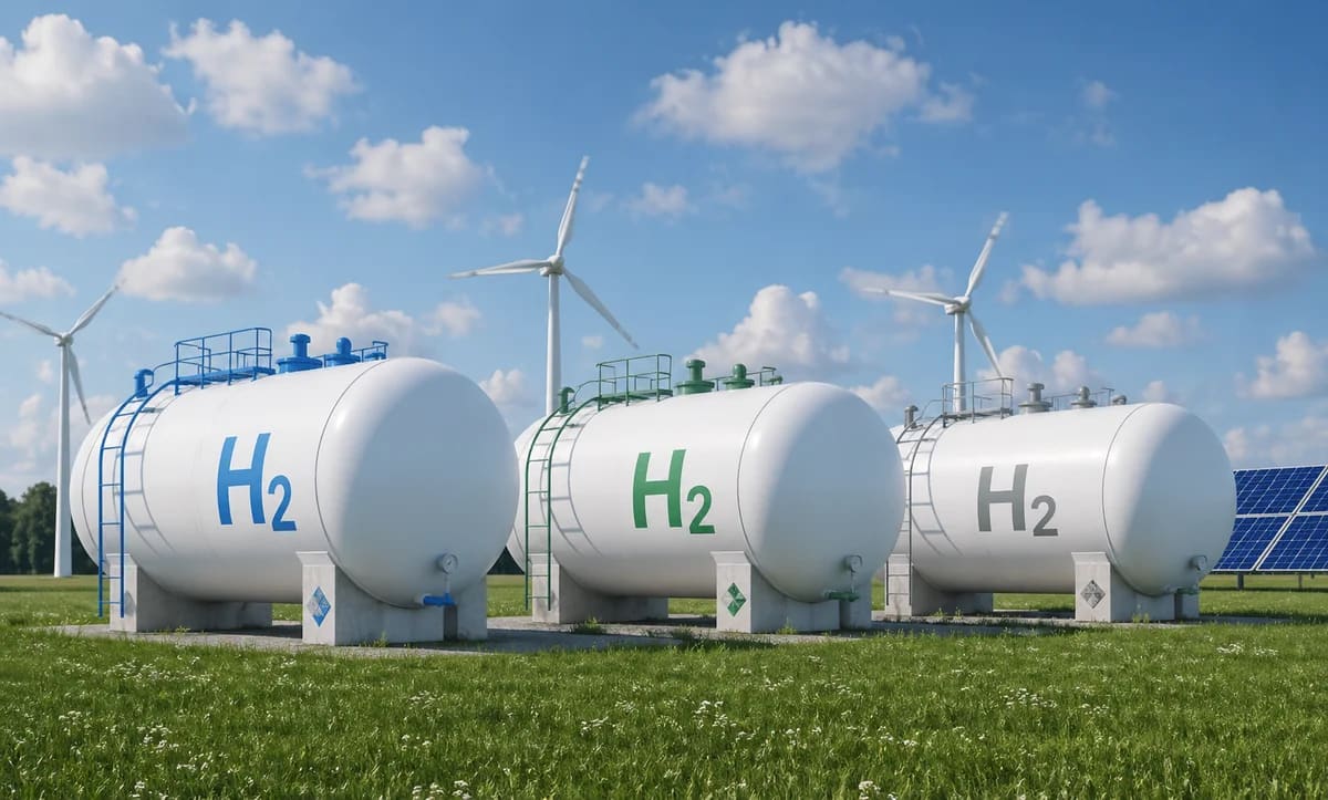 Tanques de hidrógeno H2 con colores azul, verde y gris en planta energética renovable