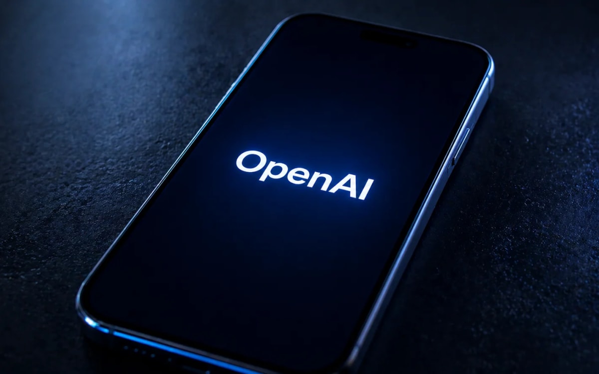 OpenAI en smartphone oscuro con iluminación azul minimalista