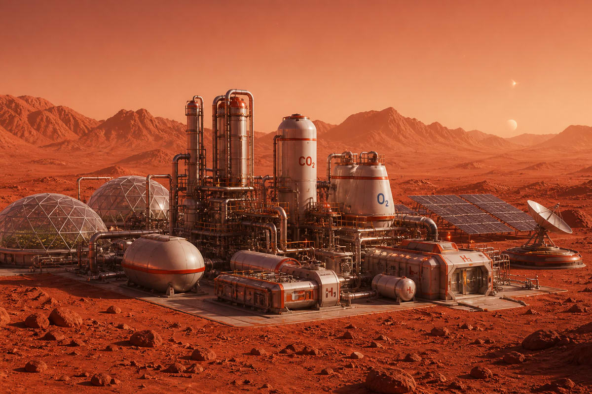 Instalación industrial futurista en Marte produciendo energía, oxígeno y combustible